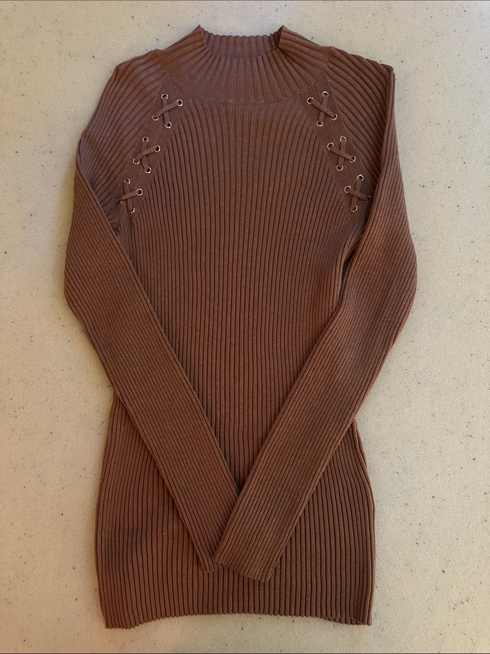 INC International Concepts Ribbed Lace-Up Turtleneck Sweater in Brown